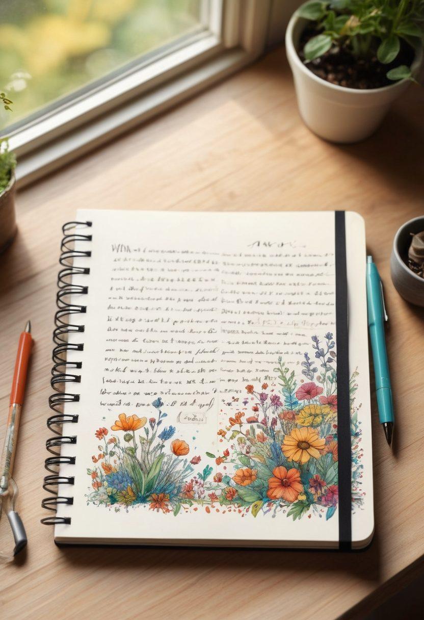 A whimsical open notebook with colorful scribbles and creative sentence structures emerging as vibrant, swirling letters. Surround the notebook with cozy writing tools like a vintage pen, a cup of steaming coffee, and a small plant for inspiration. In the background, subtle hints of nature, like a window with sunlight streaming in, symbolize creativity blooming. Emphasize a warm and inviting atmosphere. super-realistic. vibrant colors. cozy ambiance.