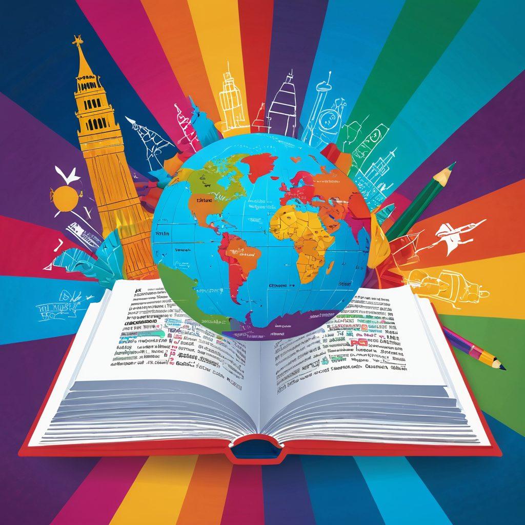 A visually engaging illustration depicting an open book filled with colorful grammar charts, a globe symbolizing diverse languages, a pencil writing on lined paper, and inspirational quotes about learning. The background should have subtle elements of English landmarks like Big Ben and the Statue of Liberty, creating a sense of global connection. vibrant colors. vector art.