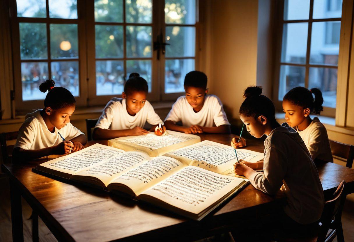 A visually engaging open book with glowing pages, surrounded by floating English letters and grammar symbols. In the background, a diverse group of learners of different ages and ethnicities are writing diligently at a large wooden table. Soft light shines through a window, creating an inspiring atmosphere. Artistic illustrations of pens and notepads are scattered around, symbolizing creativity and learning. vibrant colors. super-realistic.